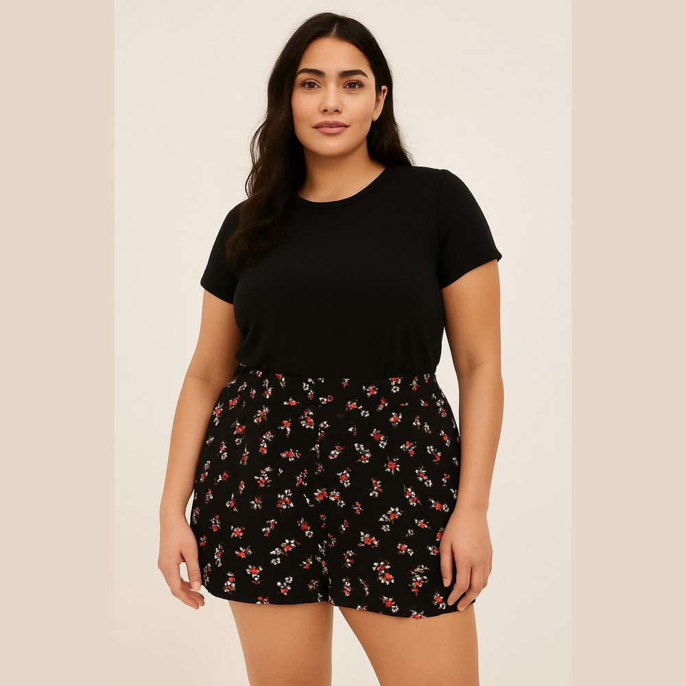 Torrid Black with Red and White Floral Design Shorts 2 - Picture 1 of 8